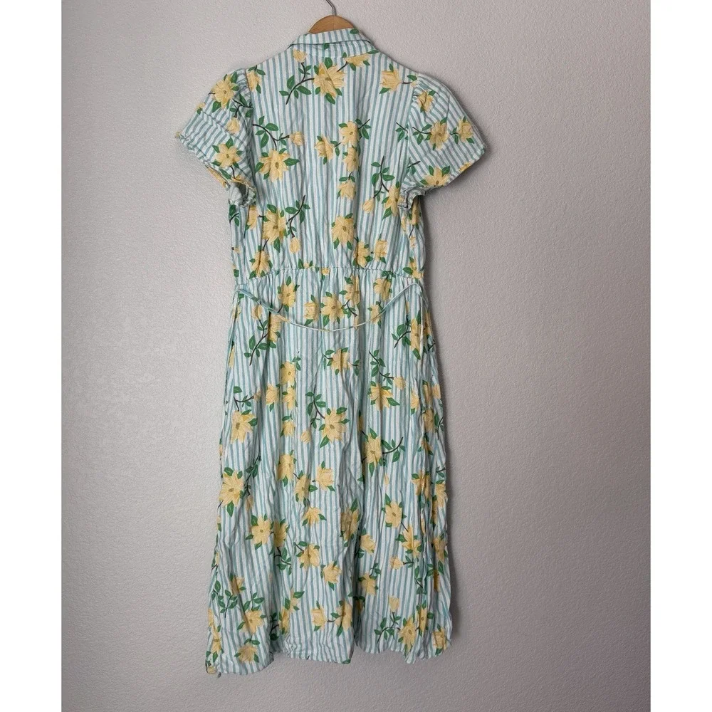 Draper James RSVP Floral Stripe Shirt Dress Blue Yellow Linen Blend Midi M